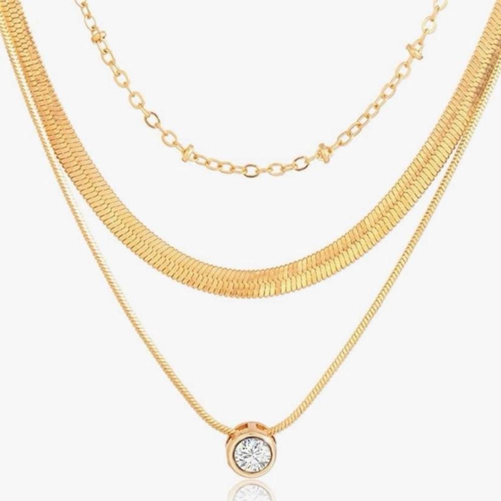 3 Layer Necklace Round Gold Diamond Pendant Dainty Choker Chain Layered Set